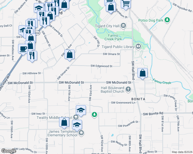 map of restaurants, bars, coffee shops, grocery stores, and more near 13902 Southwest Andrew Terrace in Tigard
