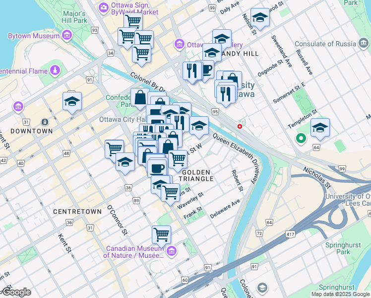 map of restaurants, bars, coffee shops, grocery stores, and more near 71 Somerset Street West in Ottawa