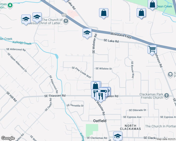 map of restaurants, bars, coffee shops, grocery stores, and more near 14308 Southeast Woodside Avenue in Milwaukie