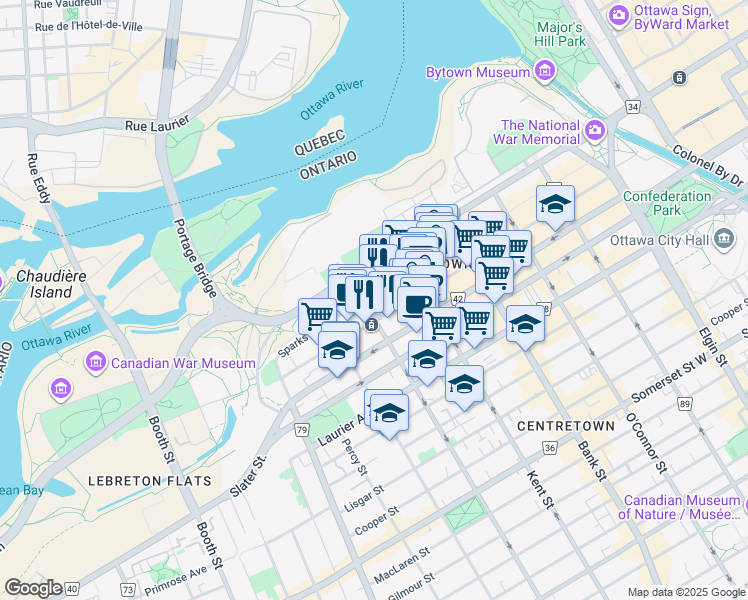map of restaurants, bars, coffee shops, grocery stores, and more near 101 Lyon Street North in Ottawa