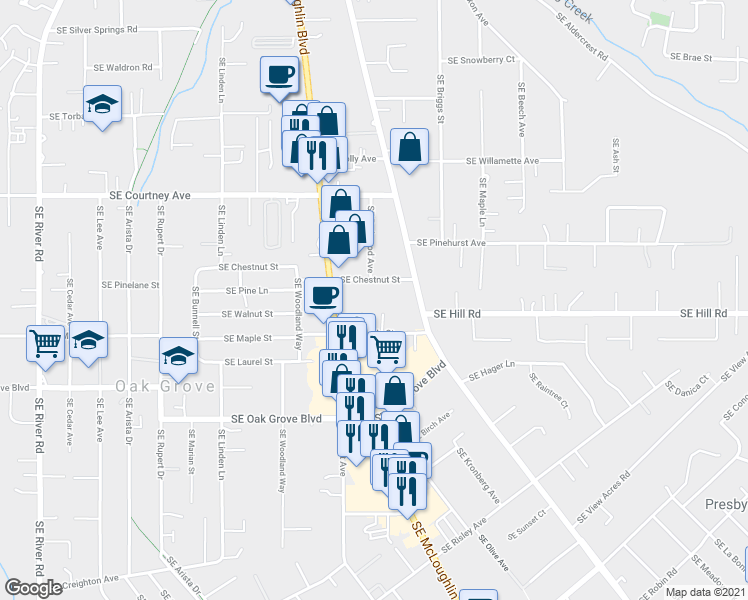 map of restaurants, bars, coffee shops, grocery stores, and more near 3100 Southeast Chestnut Street in Milwaukie