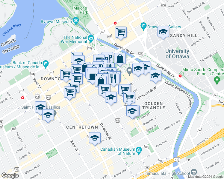 map of restaurants, bars, coffee shops, grocery stores, and more near 180 Elgin Street in Ottawa
