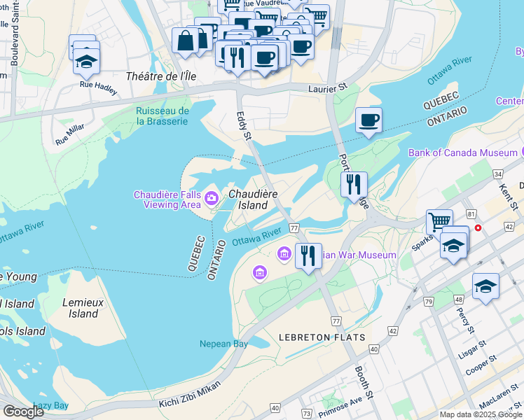 map of restaurants, bars, coffee shops, grocery stores, and more near 4160 Booth Street in Ottawa