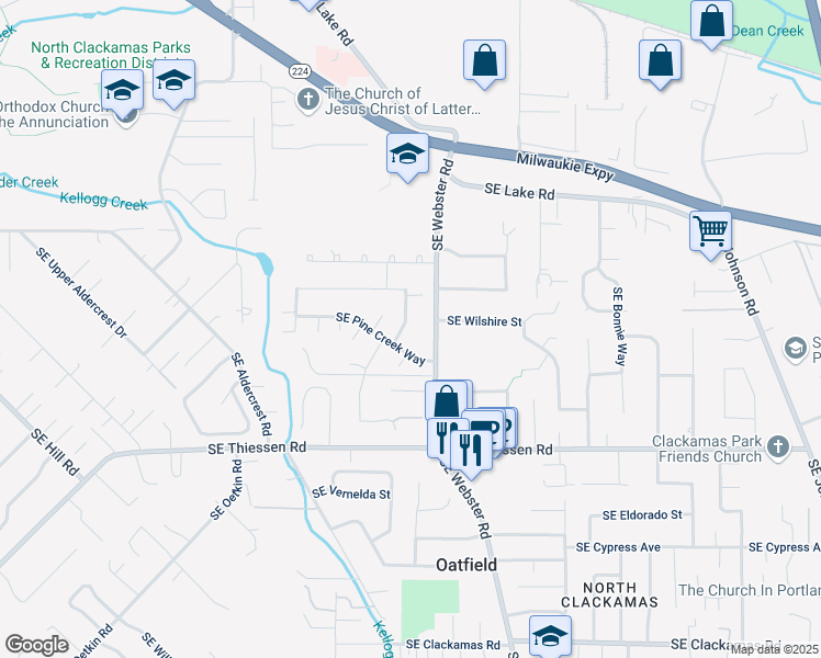 map of restaurants, bars, coffee shops, grocery stores, and more near 14308 Southeast Woodside Avenue in Milwaukie
