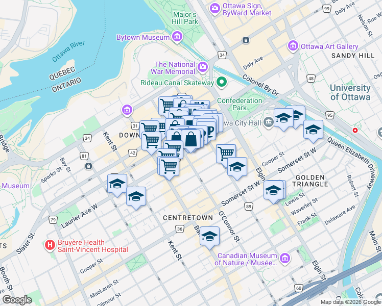map of restaurants, bars, coffee shops, grocery stores, and more near 234 Laurier Avenue West in Ottawa