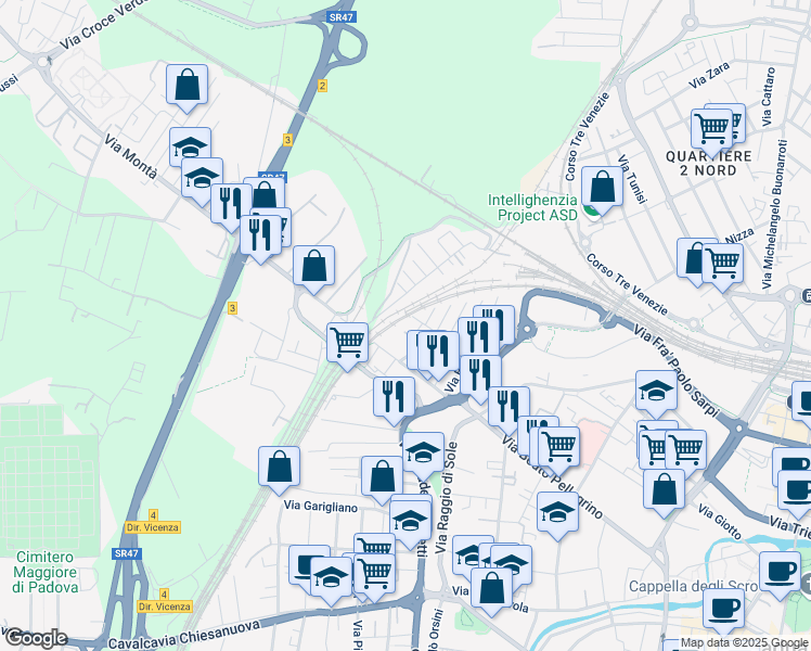 map of restaurants, bars, coffee shops, grocery stores, and more near 13 Via Umberto Cagni in Padova