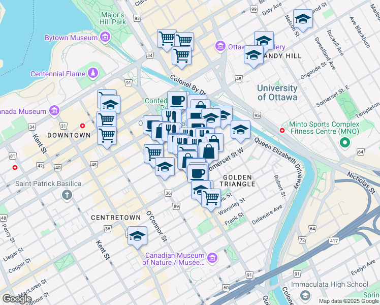 map of restaurants, bars, coffee shops, grocery stores, and more near 108 Lisgar Street in Ottawa