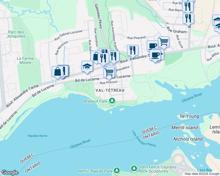 map of restaurants, bars, coffee shops, grocery stores, and more near 25 Rue Bégin in Gatineau