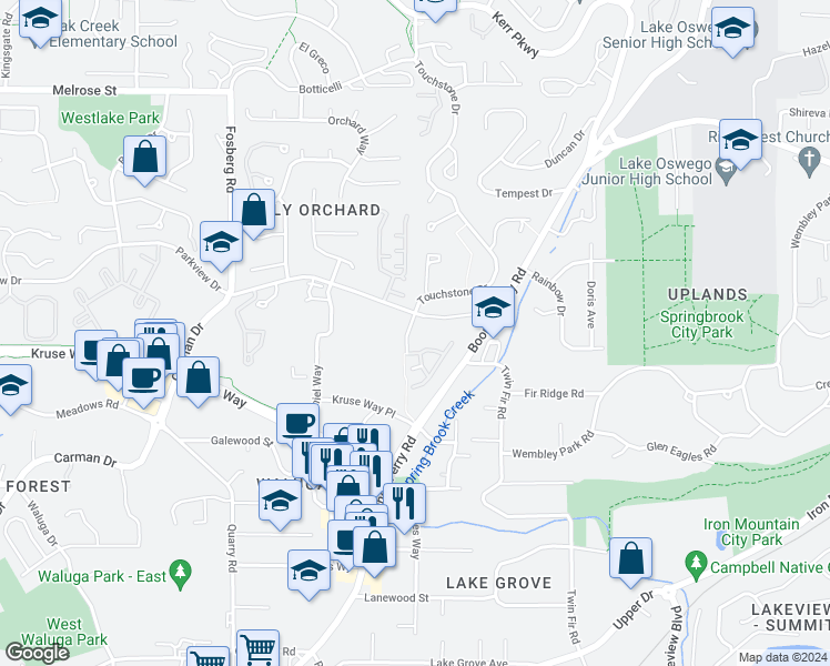 map of restaurants, bars, coffee shops, grocery stores, and more near 14796 Davis Lane in Lake Oswego