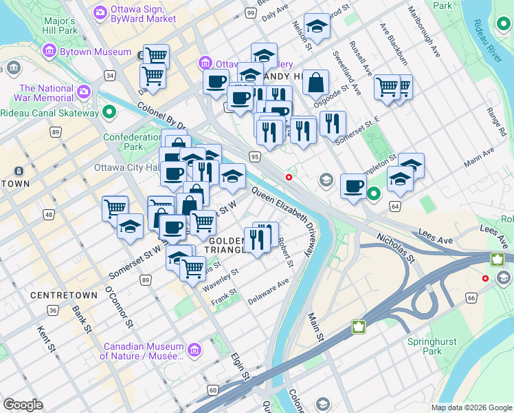 map of restaurants, bars, coffee shops, grocery stores, and more near Corktown Footbridge in Ottawa