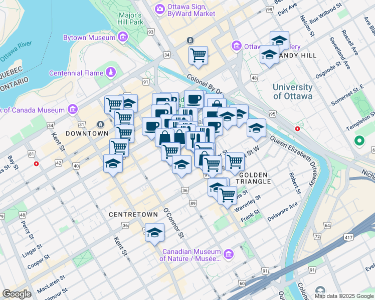 map of restaurants, bars, coffee shops, grocery stores, and more near in Ottawa