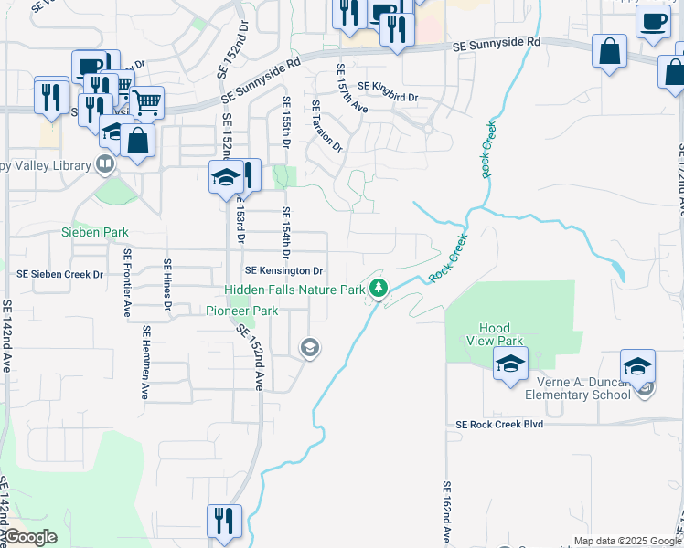 map of restaurants, bars, coffee shops, grocery stores, and more near 14103 Southeast Nightingale Avenue in Happy Valley
