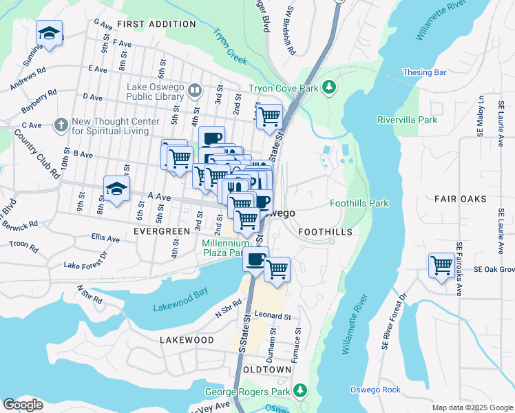 map of restaurants, bars, coffee shops, grocery stores, and more near 90 B Avenue in Lake Oswego