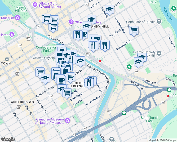 map of restaurants, bars, coffee shops, grocery stores, and more near 18 The Driveway in Ottawa