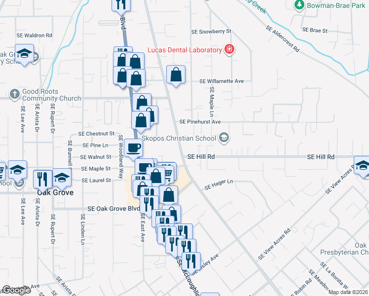map of restaurants, bars, coffee shops, grocery stores, and more near 14312 Southeast Oatfield Road in Milwaukie