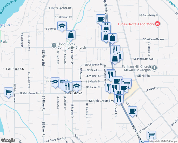 map of restaurants, bars, coffee shops, grocery stores, and more near 2520 Southeast Pine Lane in Oak Grove