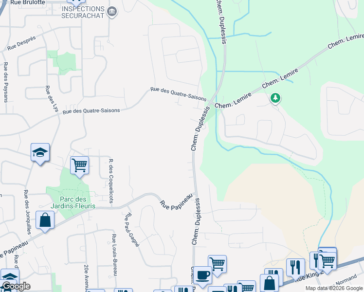map of restaurants, bars, coffee shops, grocery stores, and more near 751 Chemin Duplessis in Sherbrooke