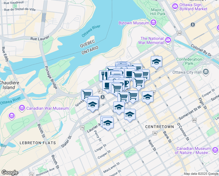 map of restaurants, bars, coffee shops, grocery stores, and more near in Ottawa