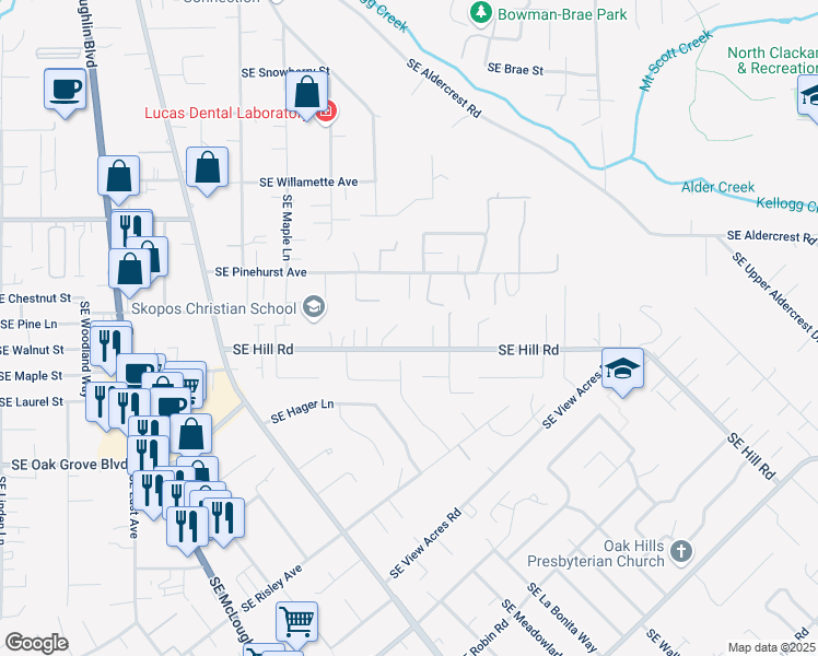 map of restaurants, bars, coffee shops, grocery stores, and more near 14299 Southeast Haze Court in Milwaukie