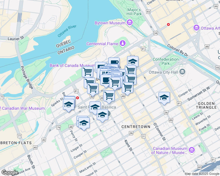 map of restaurants, bars, coffee shops, grocery stores, and more near in Ottawa