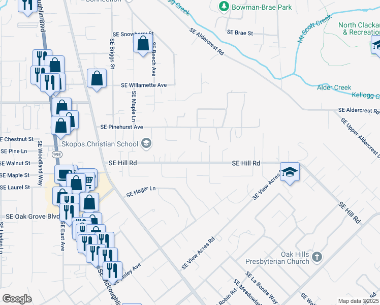 map of restaurants, bars, coffee shops, grocery stores, and more near 14299 Southeast Haze Court in Milwaukie