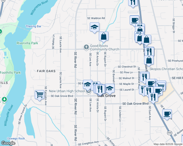 map of restaurants, bars, coffee shops, grocery stores, and more near 14227 Southeast Lee Avenue in Milwaukie