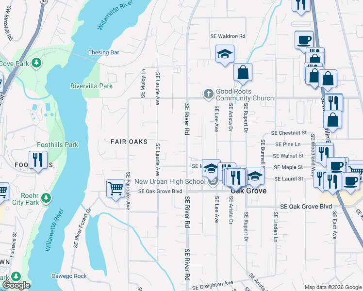 map of restaurants, bars, coffee shops, grocery stores, and more near 14213 Southeast River Road in Milwaukie