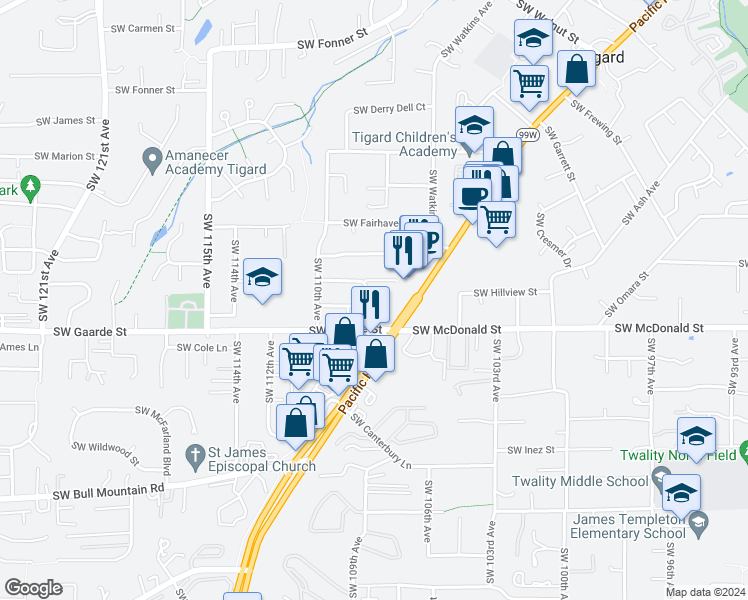 map of restaurants, bars, coffee shops, grocery stores, and more near 10810 Southwest Garden Park Place in Tigard