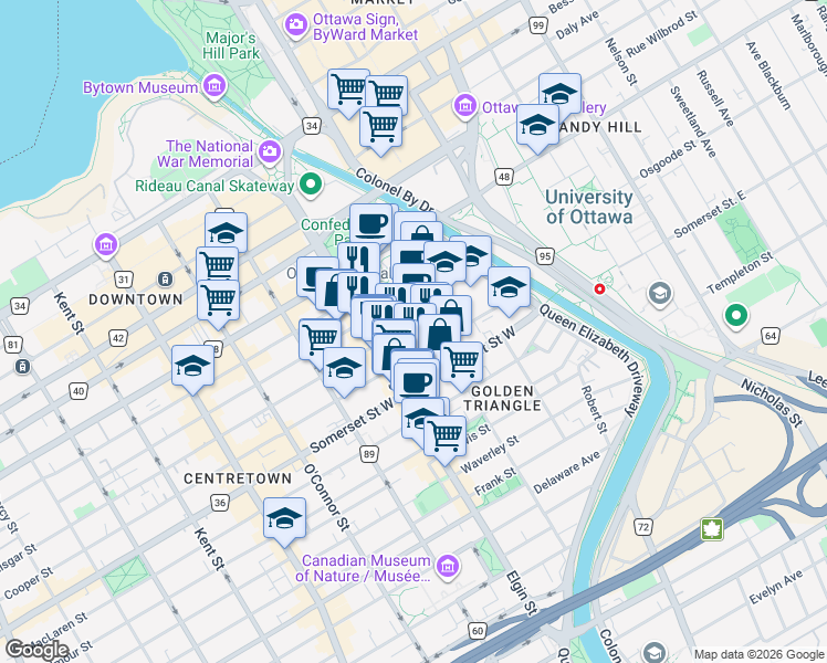 map of restaurants, bars, coffee shops, grocery stores, and more near 108 Lisgar Street in Ottawa