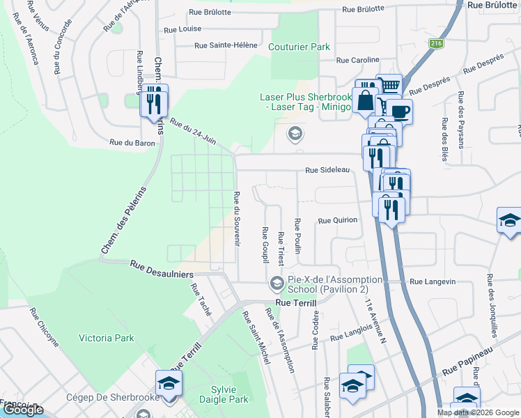 map of restaurants, bars, coffee shops, grocery stores, and more near 747 Rue Goupil in Sherbrooke