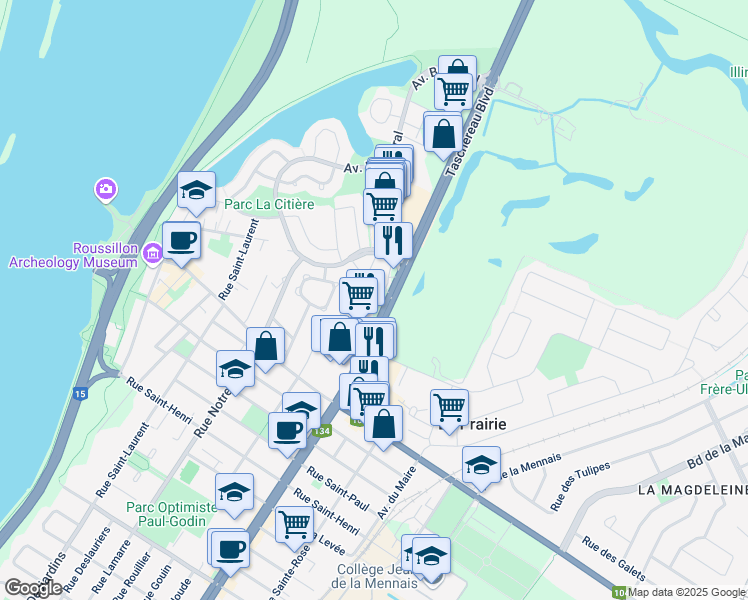 map of restaurants, bars, coffee shops, grocery stores, and more near 80 Boulevard Taschereau in La Prairie