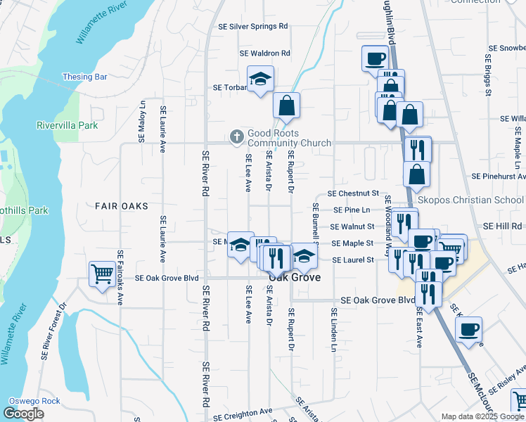 map of restaurants, bars, coffee shops, grocery stores, and more near 2090 Southeast Pinelane Street in Milwaukie