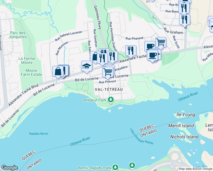 map of restaurants, bars, coffee shops, grocery stores, and more near 43 Rue Bégin in Gatineau