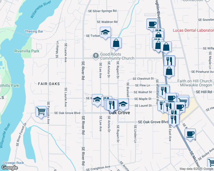 map of restaurants, bars, coffee shops, grocery stores, and more near 2092 Southeast Pinelane Street in Oak Grove