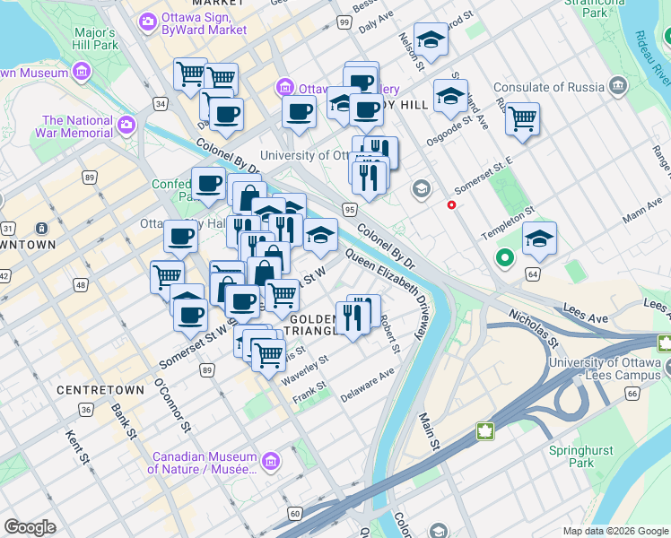 map of restaurants, bars, coffee shops, grocery stores, and more near 14 Somerset Street West in Ottawa