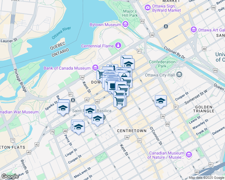 map of restaurants, bars, coffee shops, grocery stores, and more near 215 Slater Street in Ottawa