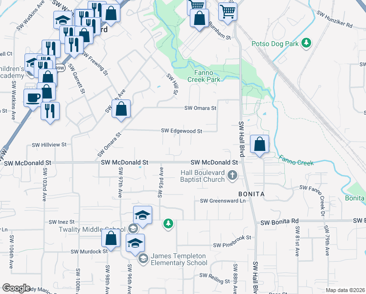 map of restaurants, bars, coffee shops, grocery stores, and more near 13839 Southwest 90th Avenue in Tigard