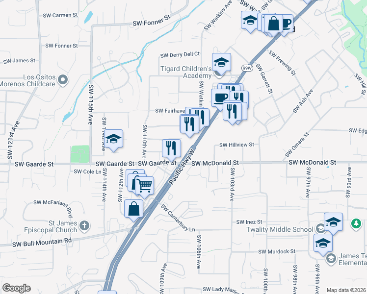 map of restaurants, bars, coffee shops, grocery stores, and more near 13815 Southwest Pacific Highway in Tigard