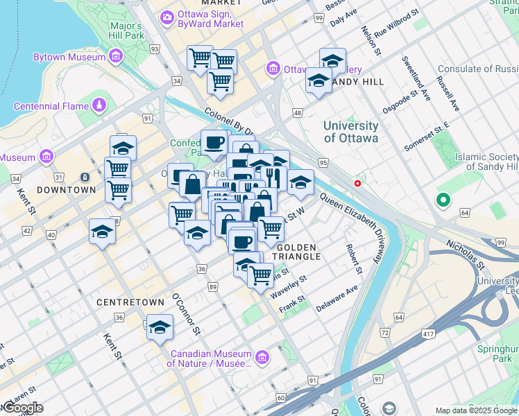 map of restaurants, bars, coffee shops, grocery stores, and more near in Ottawa