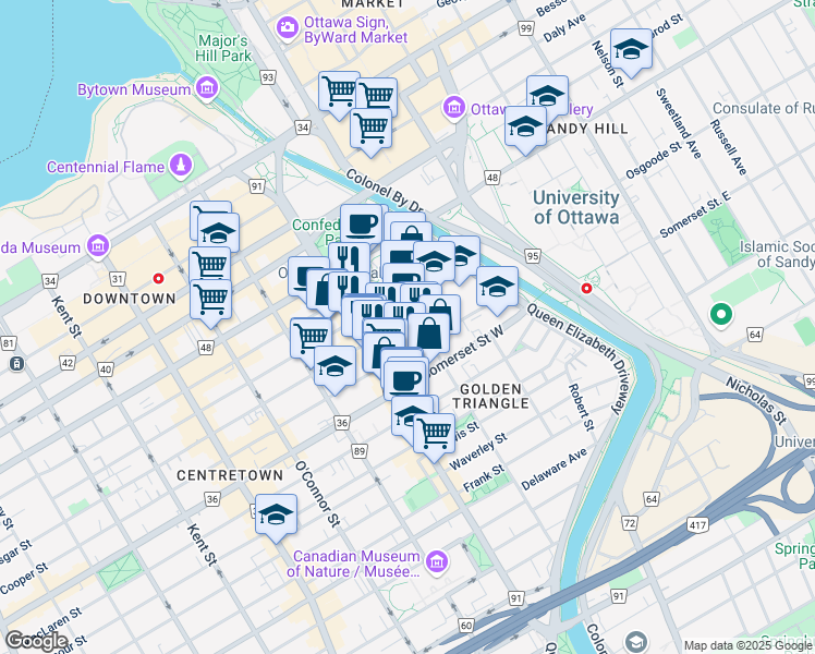 map of restaurants, bars, coffee shops, grocery stores, and more near 108 Lisgar Street in Ottawa
