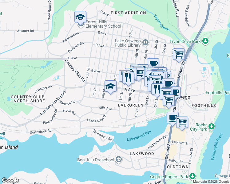 map of restaurants, bars, coffee shops, grocery stores, and more near 650 Southwest a Avenue in Lake Oswego