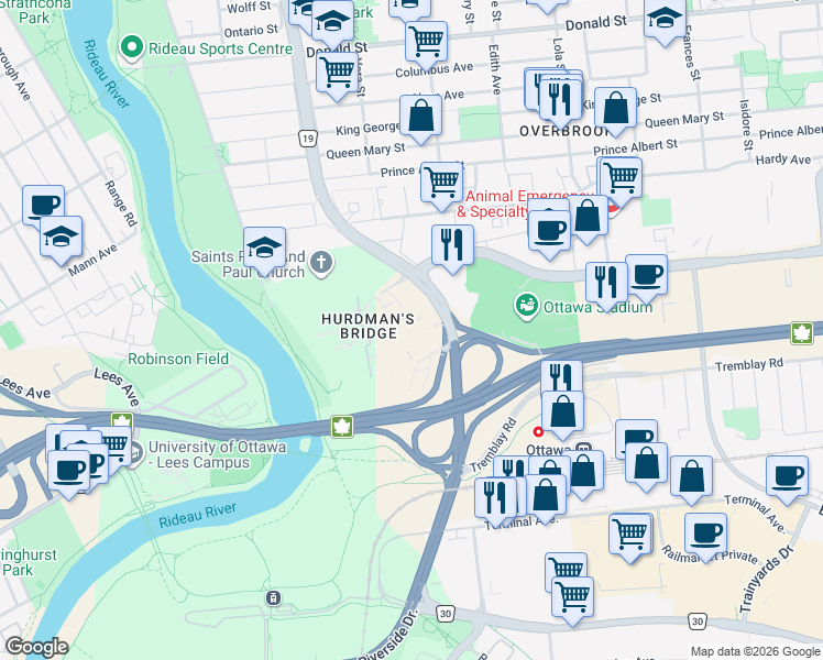 map of restaurants, bars, coffee shops, grocery stores, and more near 1200 Vanier Parkway in Ottawa