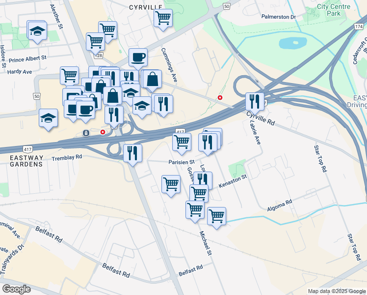 map of restaurants, bars, coffee shops, grocery stores, and more near in Ottawa