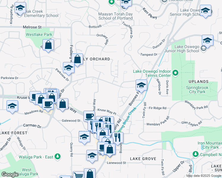 map of restaurants, bars, coffee shops, grocery stores, and more near 3800 Carman Drive in Lake Oswego