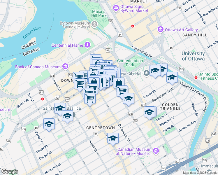 map of restaurants, bars, coffee shops, grocery stores, and more near in Ottawa