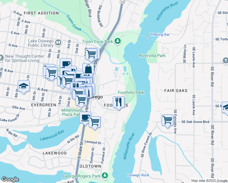 map of restaurants, bars, coffee shops, grocery stores, and more near 220 Foothills Road in Lake Oswego