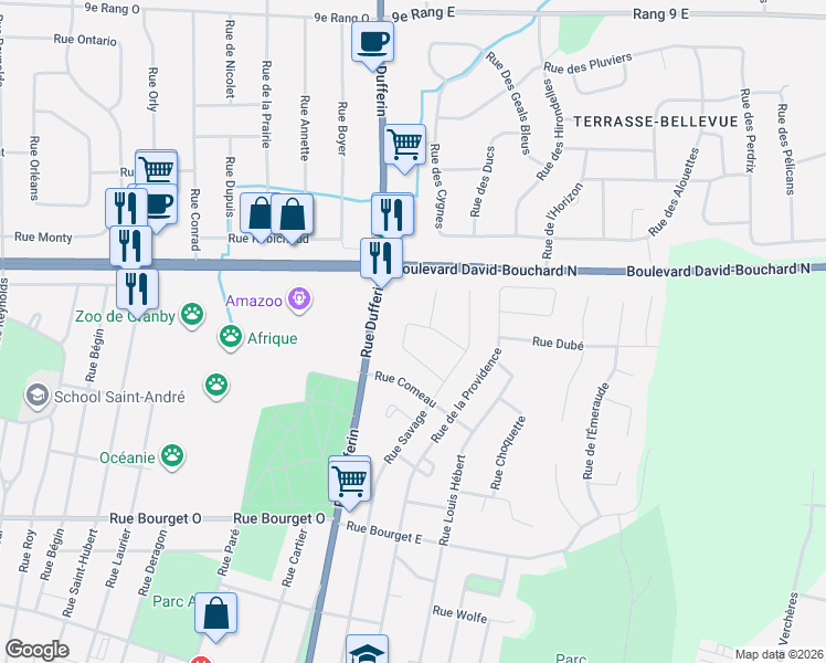 map of restaurants, bars, coffee shops, grocery stores, and more near 37 Rue Babin in Granby