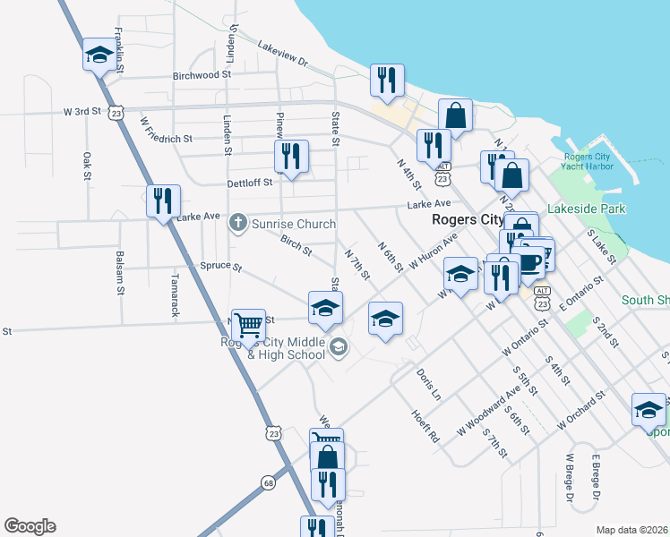 map of restaurants, bars, coffee shops, grocery stores, and more near 358 State Street in Rogers City