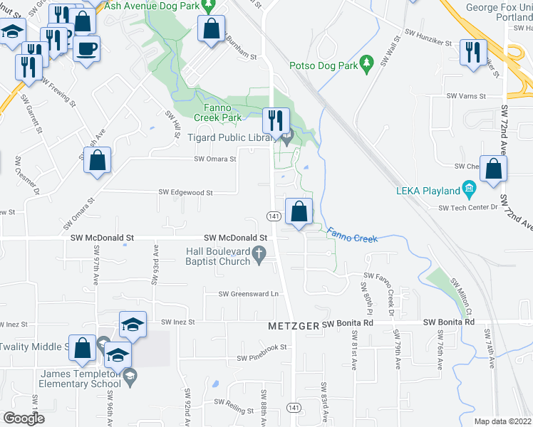 map of restaurants, bars, coffee shops, grocery stores, and more near 13855 Southwest Hall Boulevard in Tigard