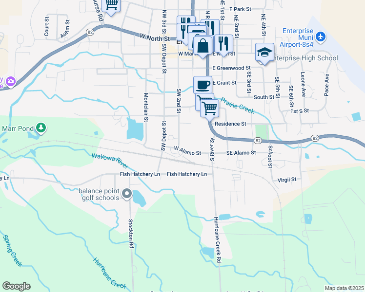 map of restaurants, bars, coffee shops, grocery stores, and more near 607 Southwest 2nd Street in Enterprise